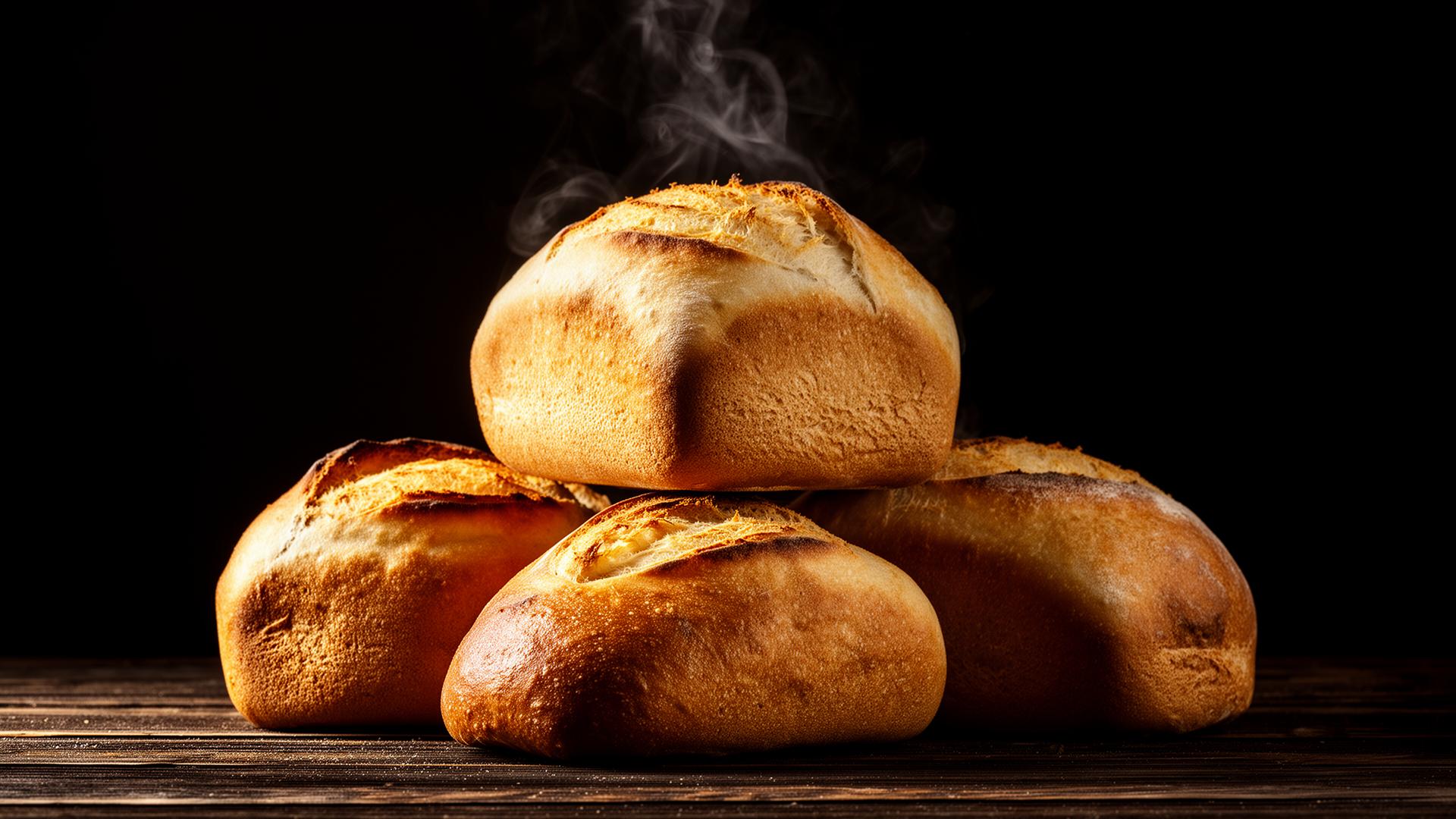 Freshly baked golden quarter loaves
